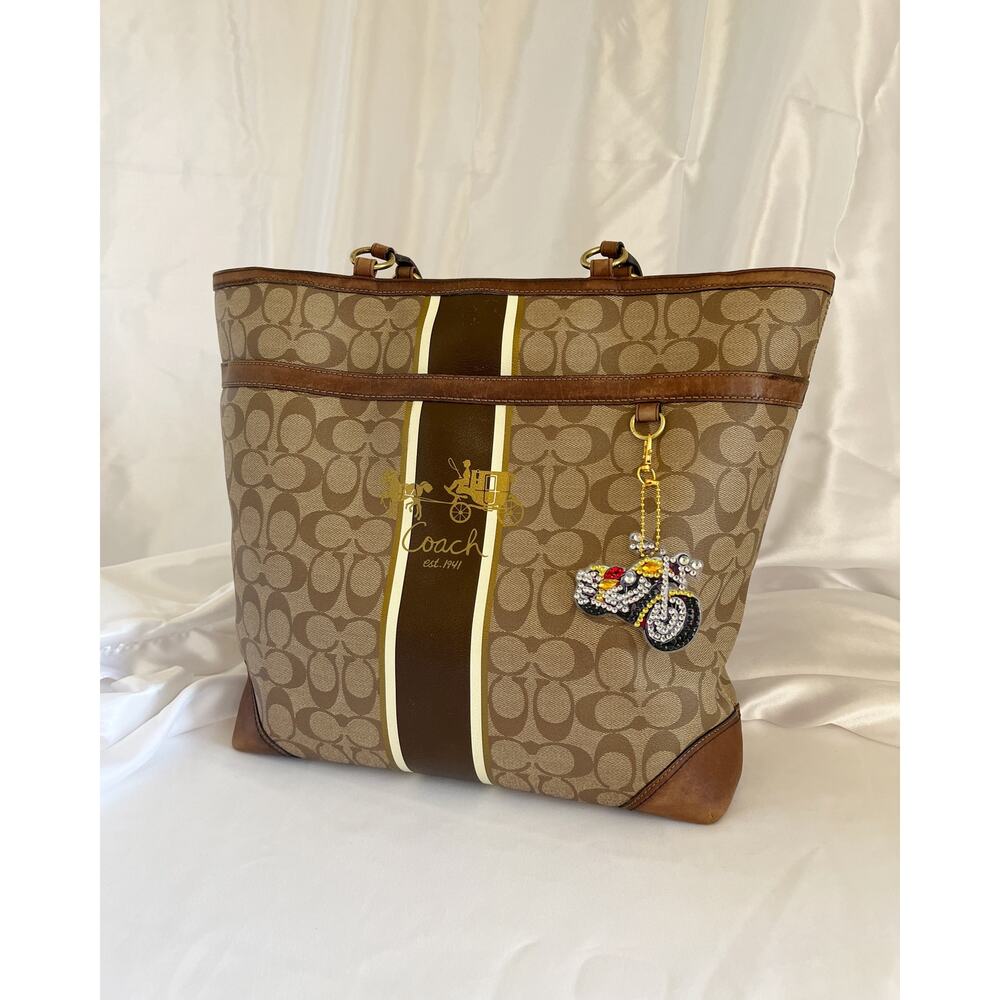 COACH Signature Heritage Stripe Tote Shoulder Bag Coated Canvas Leather